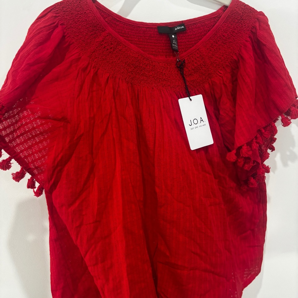 J.O.A. Red 100% Cotton Smocked Tassel Blouse • Size L